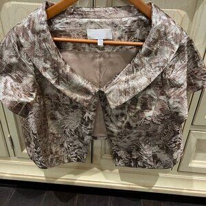 BADGLEY MISCHKA Women's Gold Metallic Bolero Jacket Size 12 Floral Print Lined.